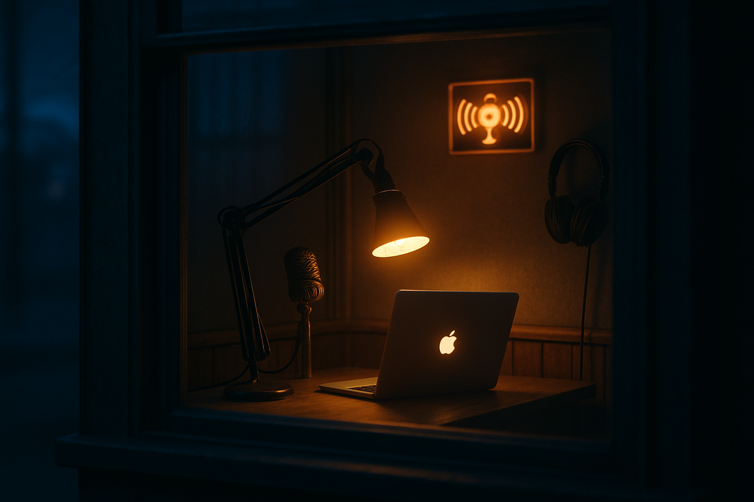 A small dispatch booth at night seen through a window: glowing Mac, mic on a boom arm, headphones on the wall, a warm radio-wave sign on the back wall.