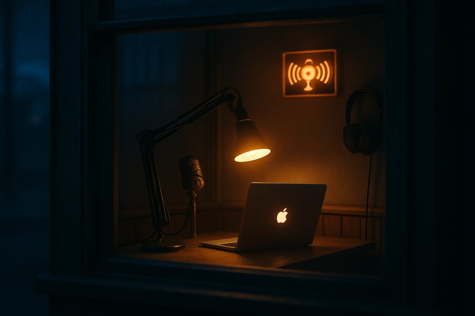 A small dispatch booth at night seen through a window: glowing Mac, mic on a boom arm, headphones on the wall, a warm radio-wave sign on the back wall.