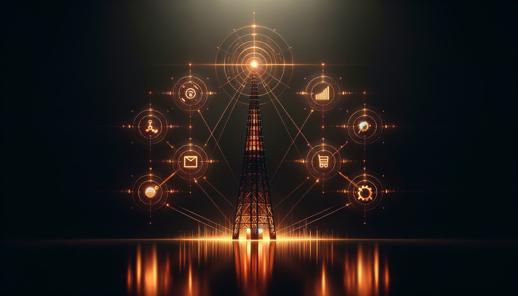 Radio broadcast tower radiating connections to automated services — orders, email, scheduling, analytics, and messaging