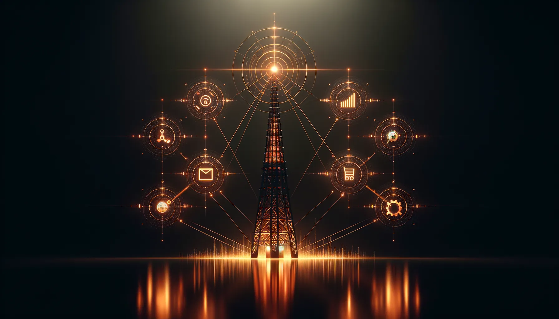 Radio broadcast tower radiating connections to automated services — orders, email, scheduling, analytics, and messaging