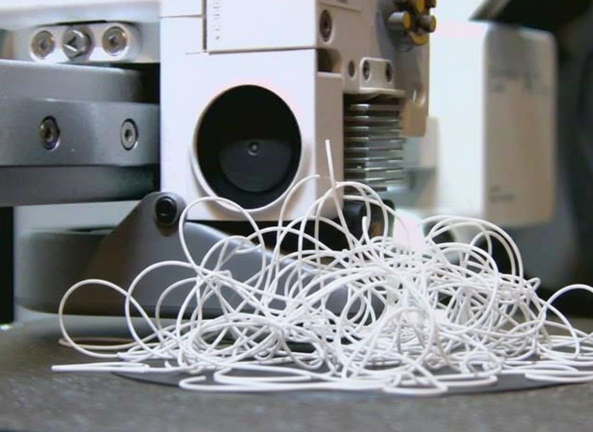 A real 3D printer frame with an AI-painted tangle of white plastic spaghetti all over the build plate.