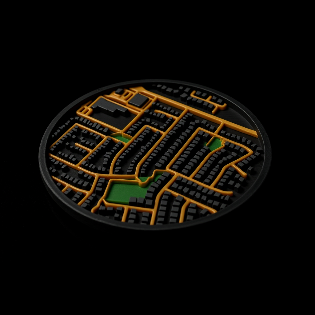 A 3D printed map coaster in the Midnight gold color theme — warm gold roads on a black base