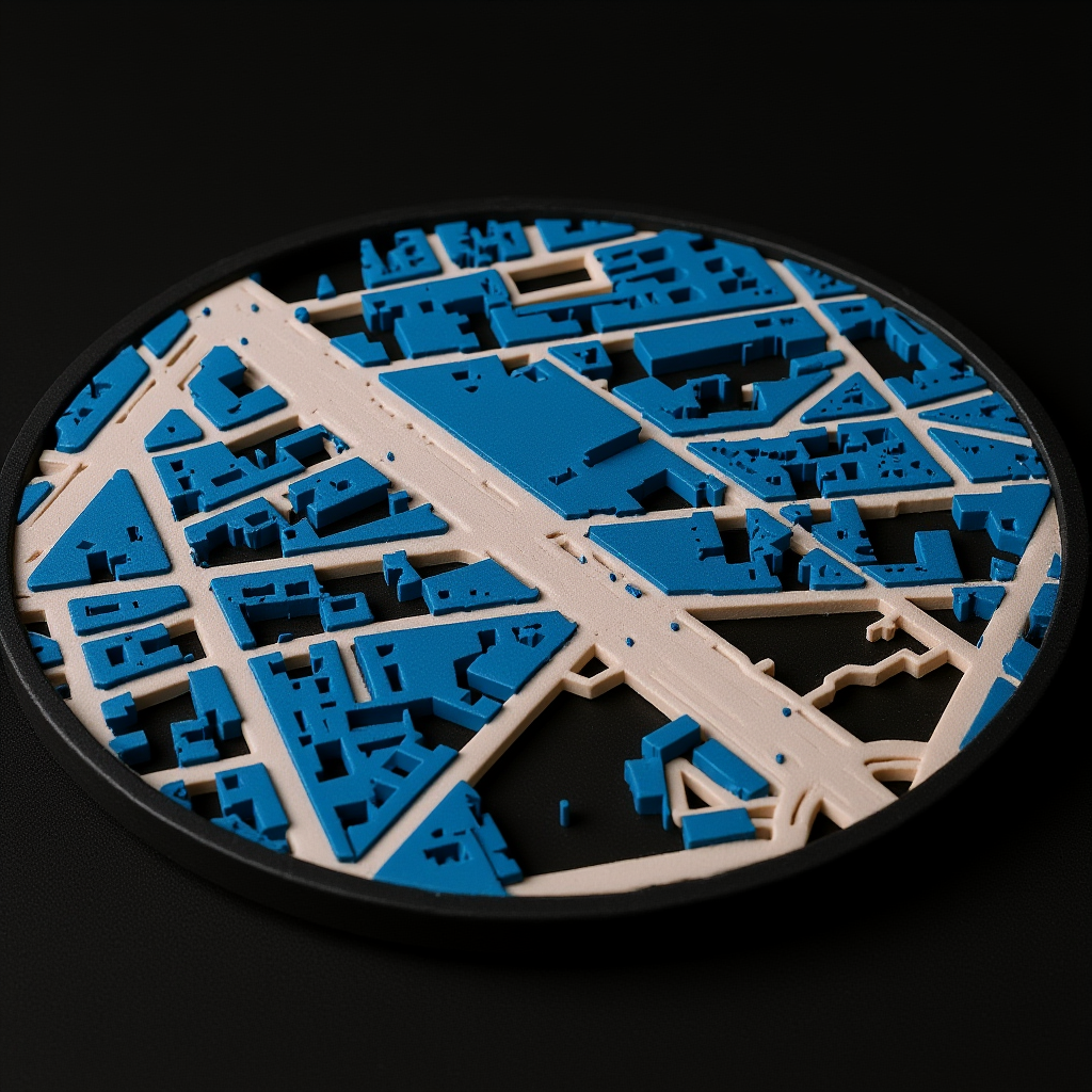 A custom 3D printed map coaster of a neighborhood in Paris, showing the distinctive block structure and wide boulevards