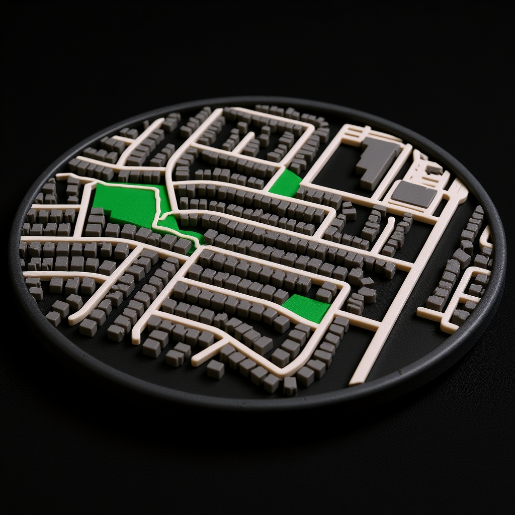 A custom 3D printed map coaster showing the streets of a neighborhood we know well in four colors — black base, white roads, grey buildings, green parks