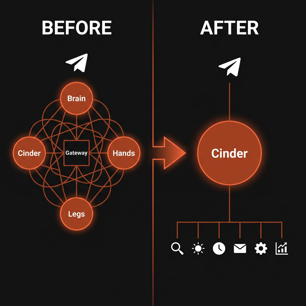 Before and after diagram: four tangled agents (Brain, Hands, Legs, Cinder) through a Gateway, simplified to one Cinder node with clean automated jobs