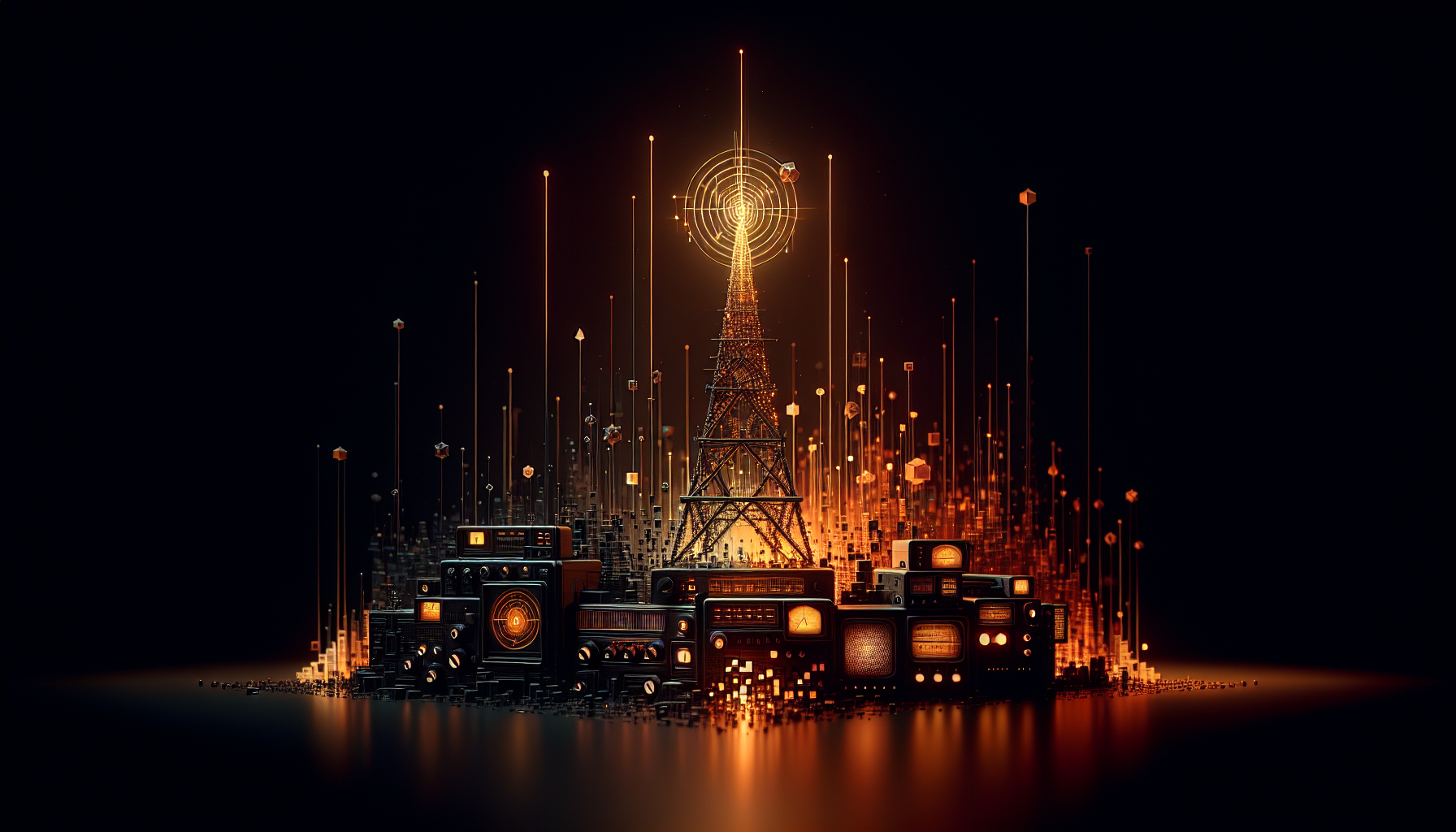 A glowing radio broadcast tower surrounded by vintage equipment, streams of amber light and data flowing upward into the dark