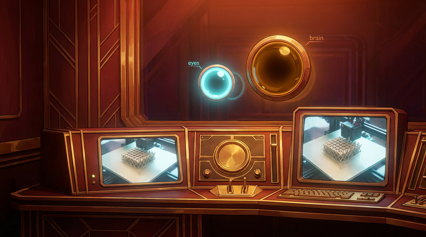 A vintage broadcast console glowing amber, two floating lenses above it watching 3D printer monitors.