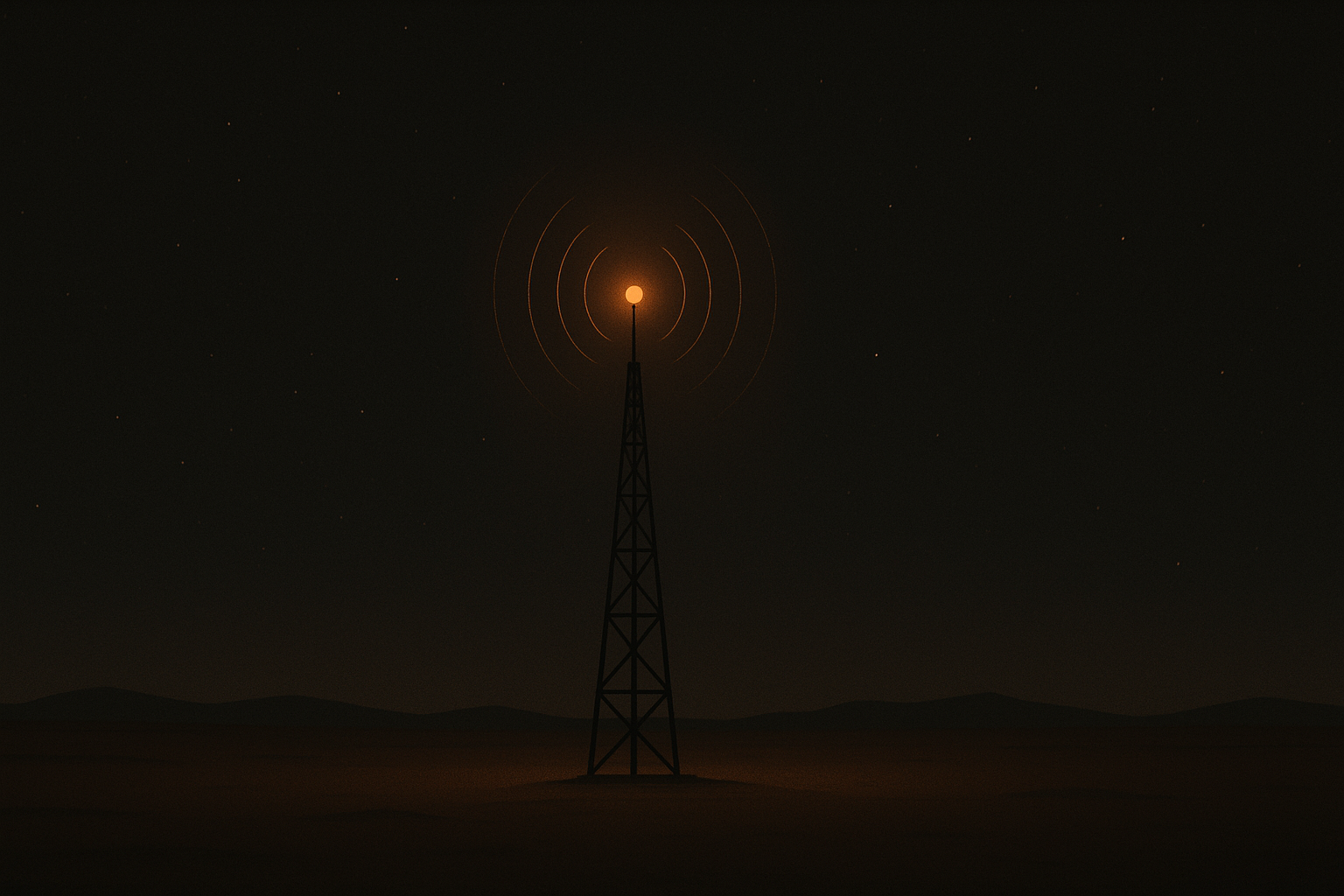 A lone radio tower broadcasting into the desert night
