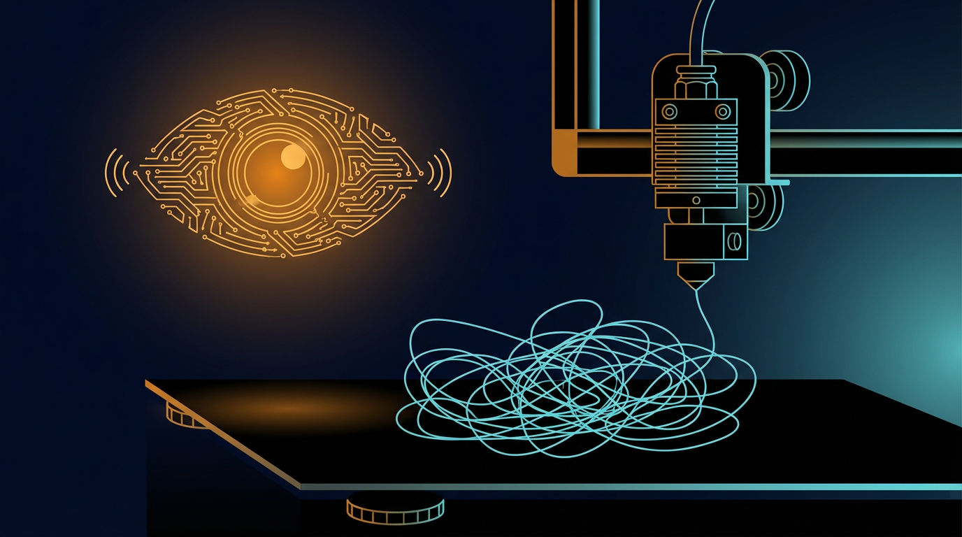 A glowing eye made of circuit traces watches a printer drop tangled filament.