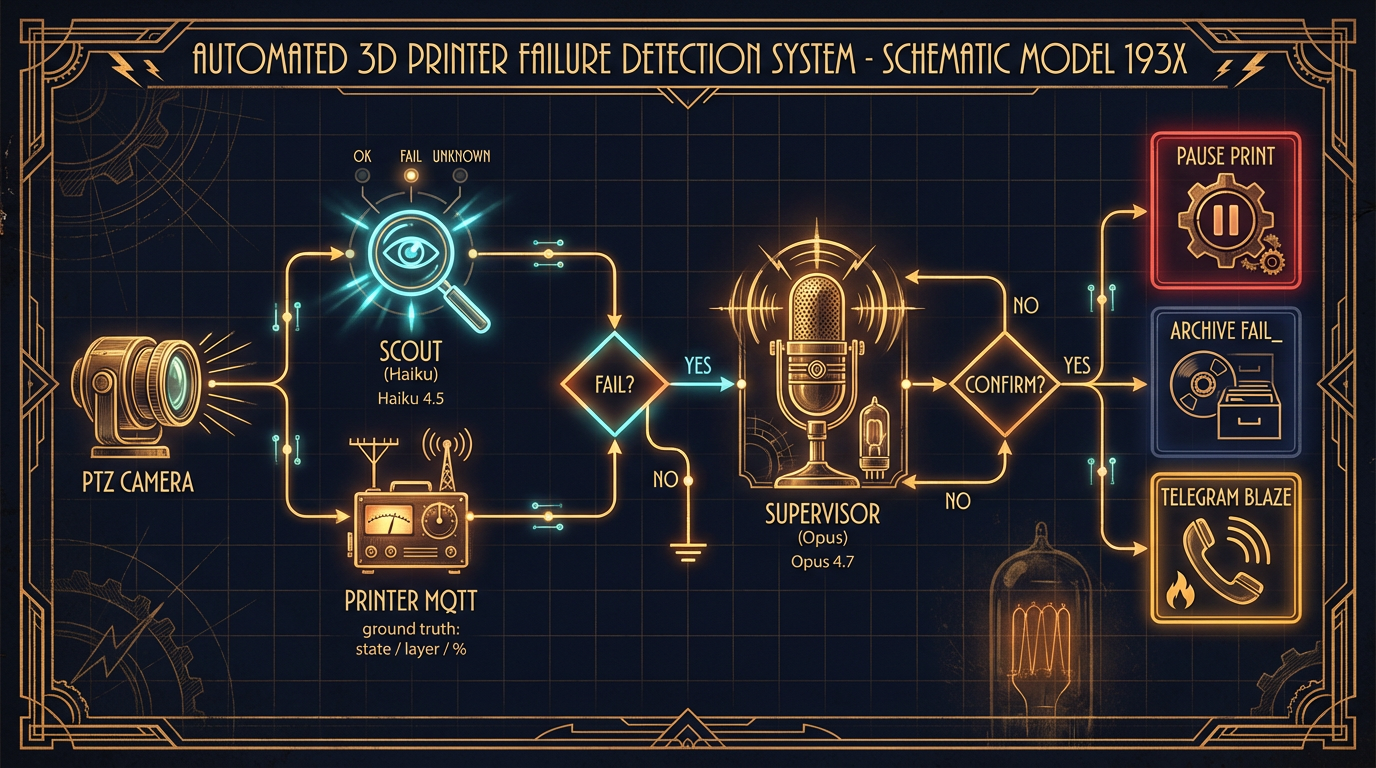 Blueprint-style workflow schematic: PTZ camera and printer MQTT feed the Haiku scout, which escalates to the Opus supervisor, which fires Pause / Archive / Telegram only on CONFIRM.
