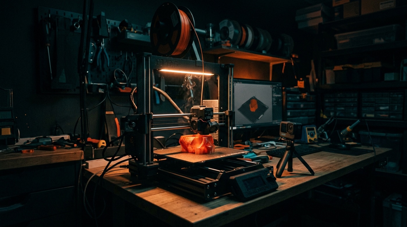 A 3D printer mid-print at night in a dark workshop, a small camera on a tripod watching the build plate