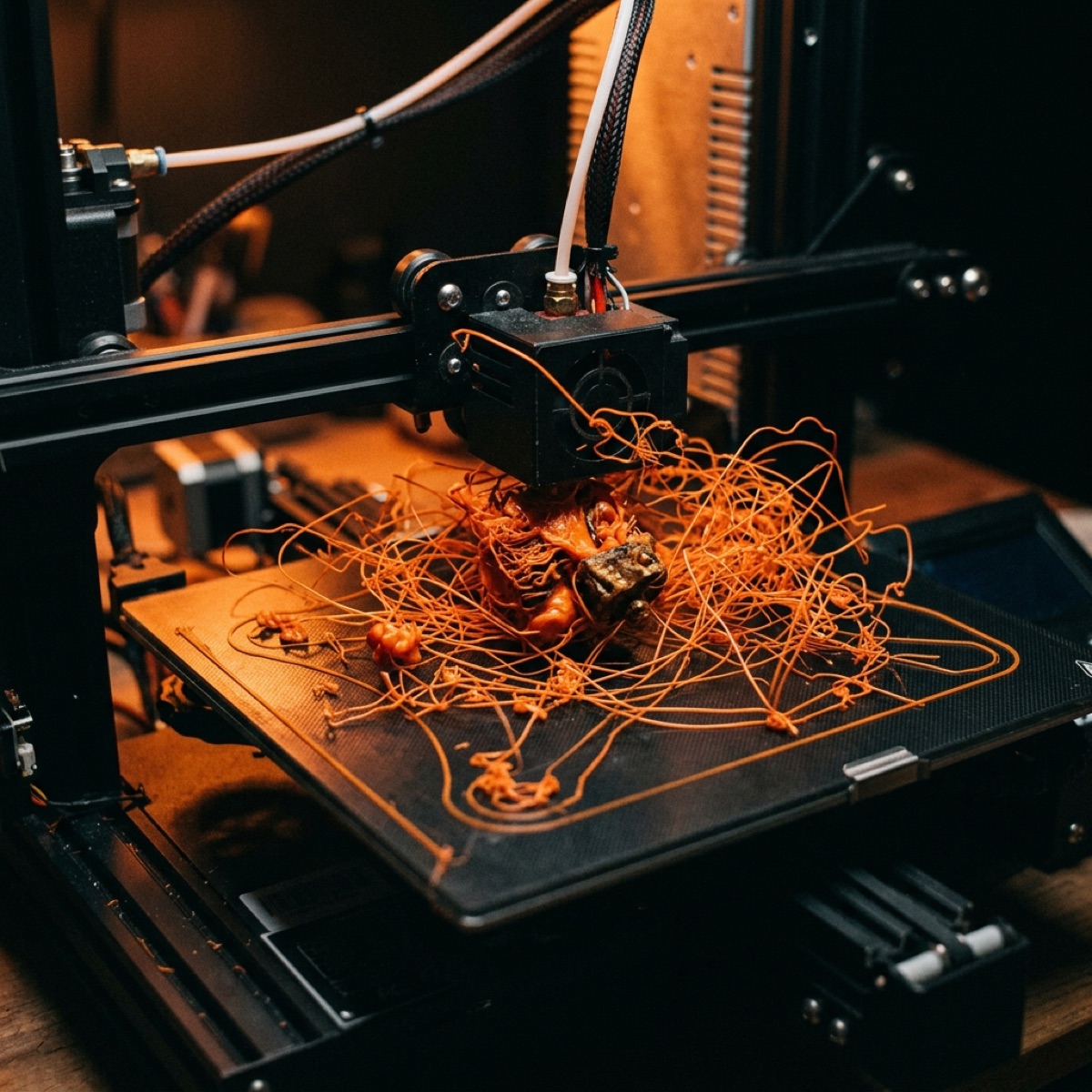 A failed 3D print: a tangled nest of filament spaghetti covering the build plate, the nozzle buried in it