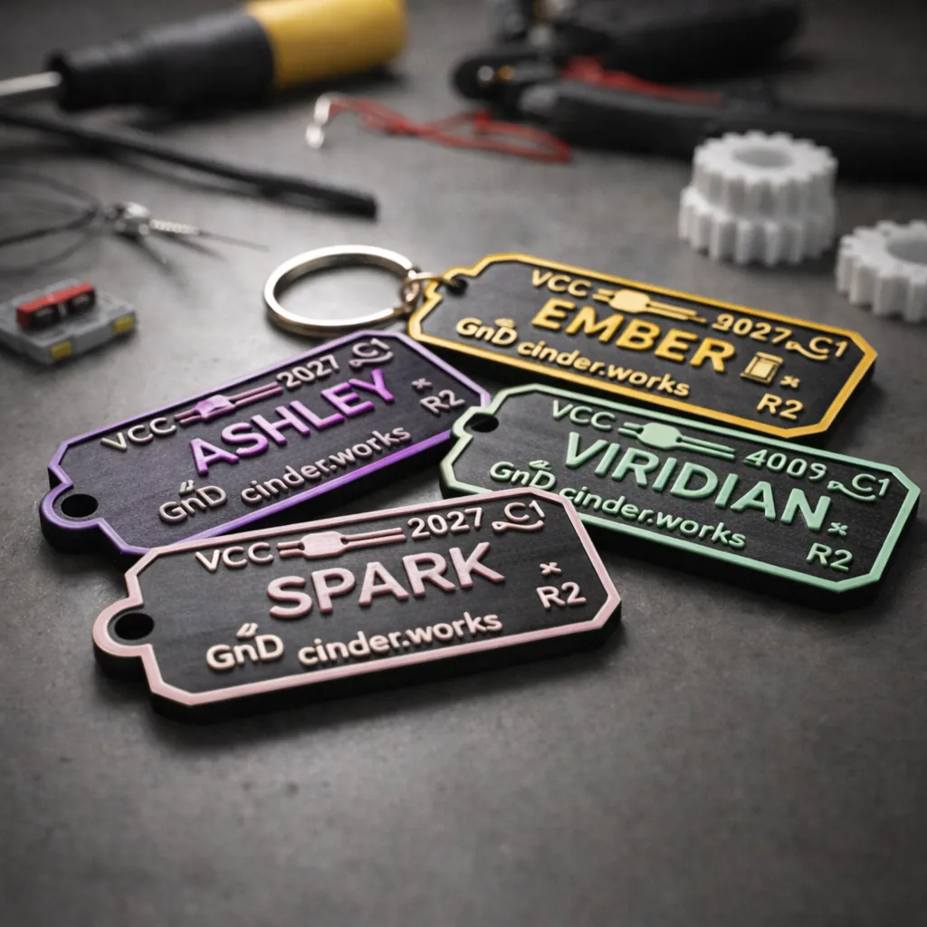 PCB keychains in pastel colors — ASHLEY, EMBER, SPARK, VIRIDIAN
