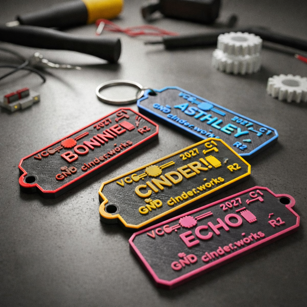 PCB keychains — BONNIE, ASHLEY, CINDER, ECHO in red, blue, yellow, pink