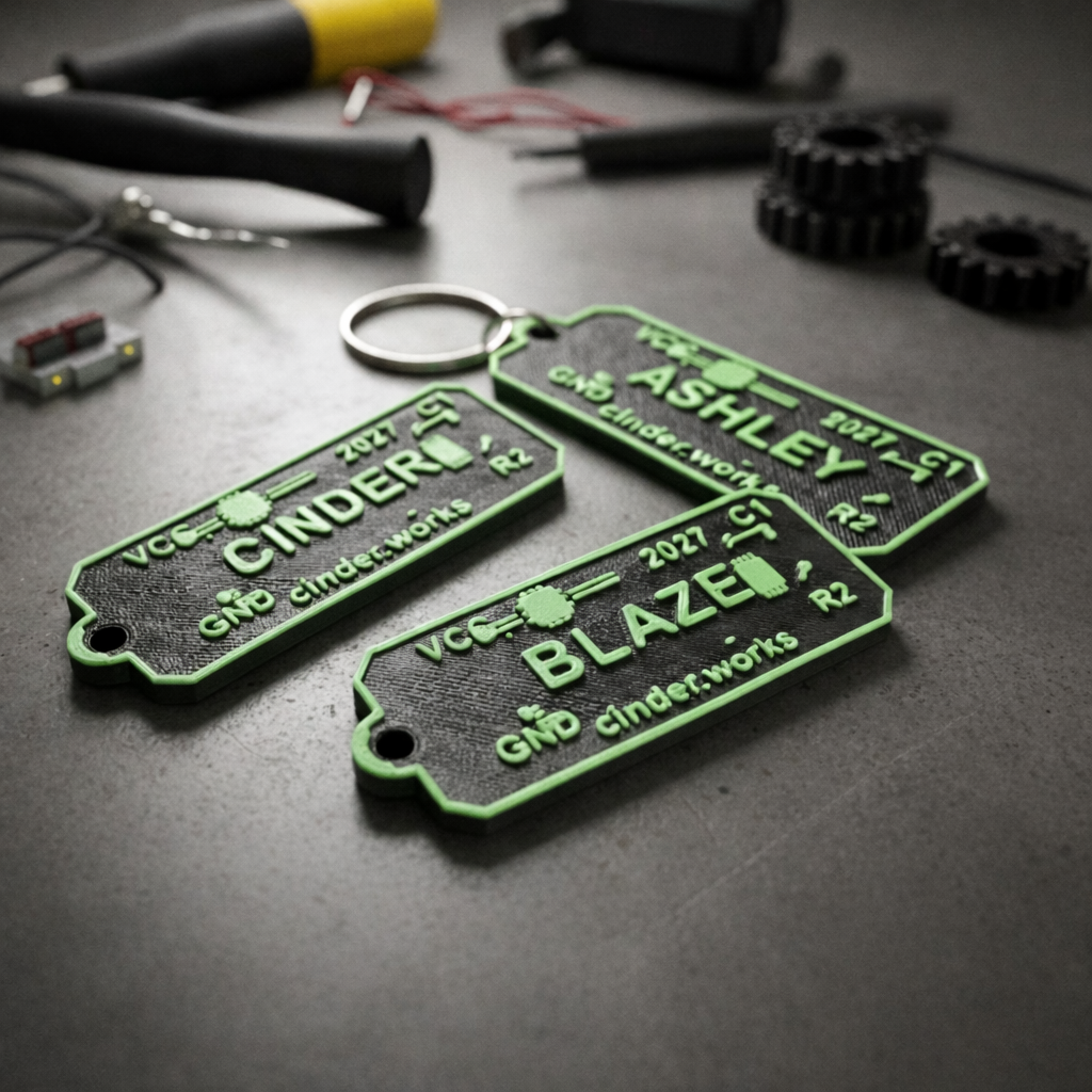 Real 3D printed keychains — CINDER, ASHLEY, BLAZE in black and green