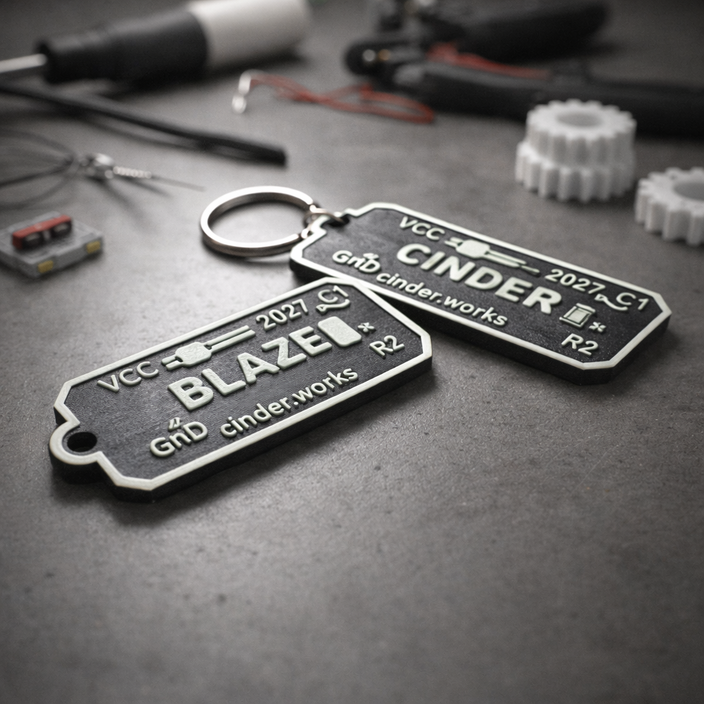 3D printed keychains — BLAZE and CINDER in black and white